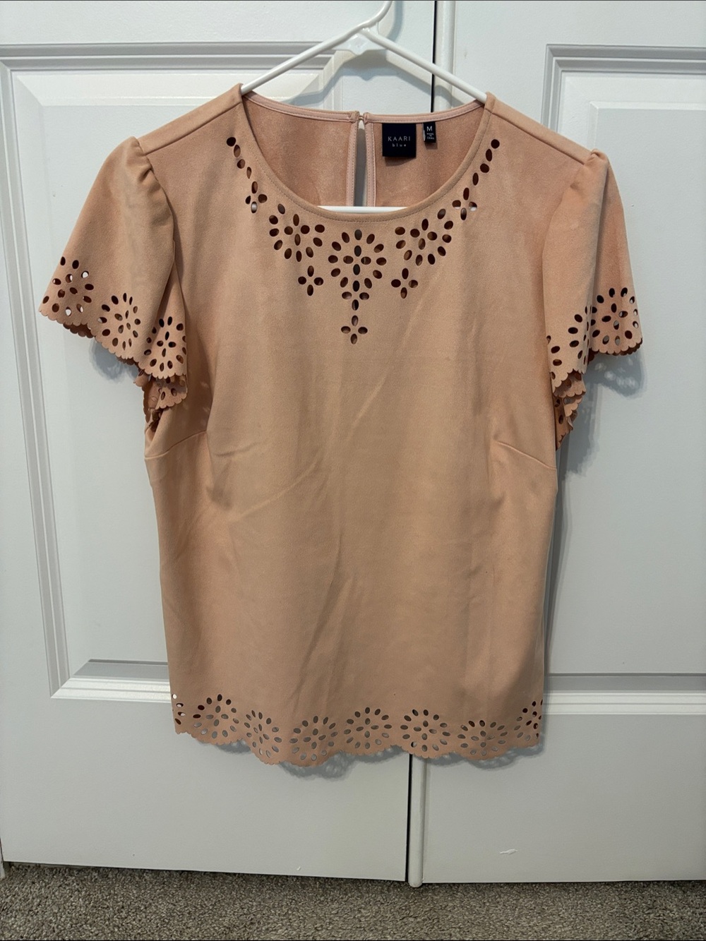 Kaari Blue Blush-Tan Laser Cut Short Sleeve Top